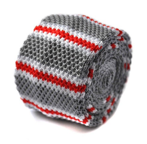 grey, red and white striped skinny knitted tie
